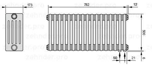 Схема (чертеж) Радиатор Zehnder Charleston 5050/17 №5510 Белый глянцевый RAL 9016